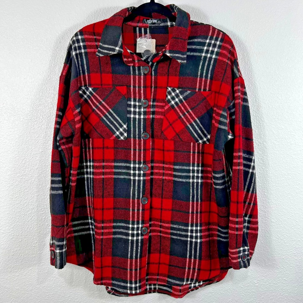 BTFBM Plaid Button Down Shirt Oversized Flannel Shacket Red Black Womens Medium
